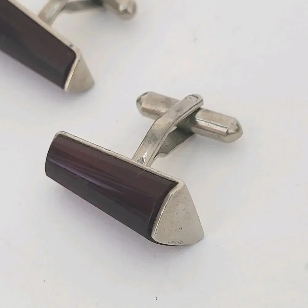 Cufflinks Silver Tone Brown Rectangle Cabochon Cufflinks Vintage Retro